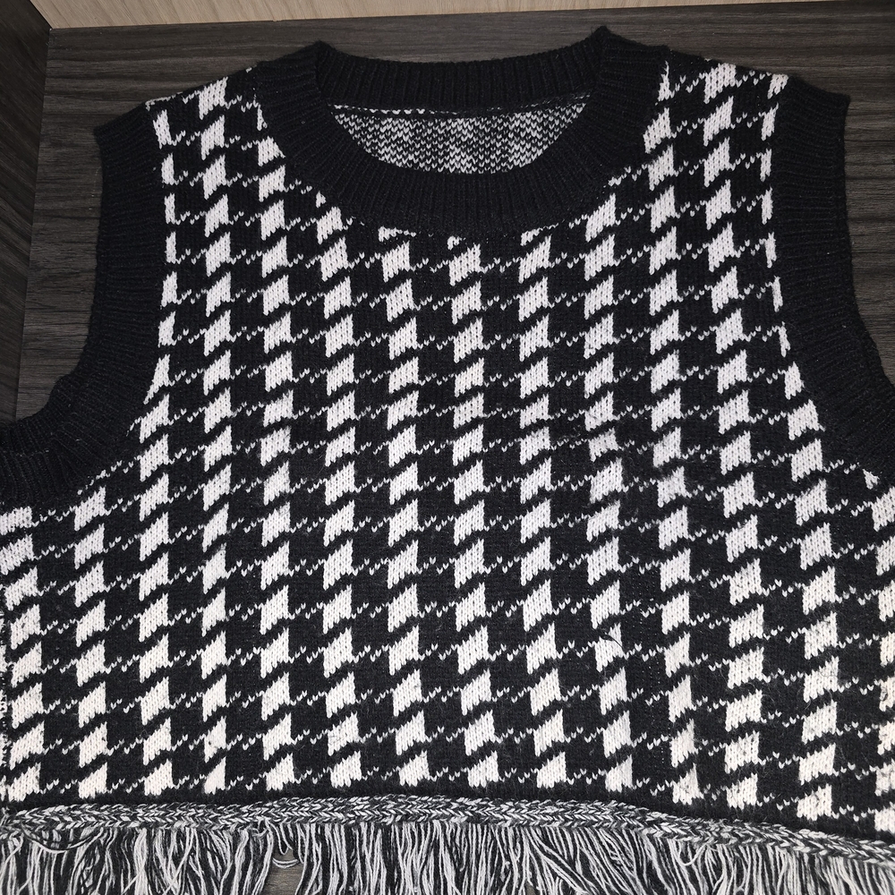 Vintage Black and White Houndstooth Fringe Sweater Vest